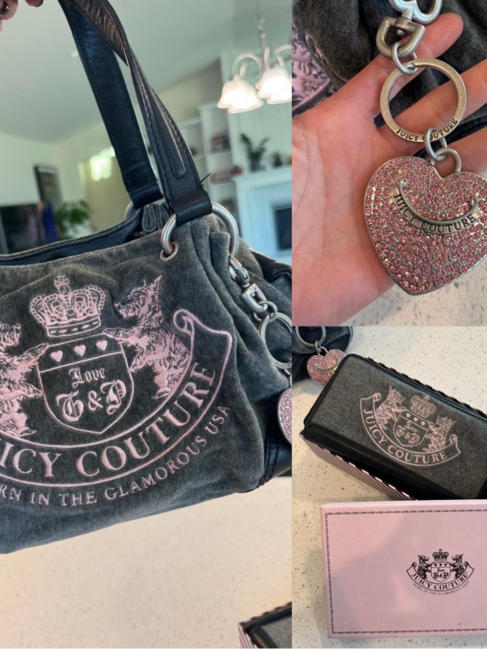 Vintage Juicy Couture Grey/Pink Hobo Bag + Bag Charm + Matching Wallet & Box